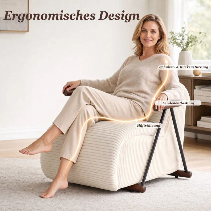 LVHOM Relaxsessel mit Lattenrost, ergonomischer Fernsehsessel, gepolsterter Loungesessel mit Armlehnen, XXL Lesesessel für Wohn- und Schlafzimmer, Cord Beige – Bild 3
