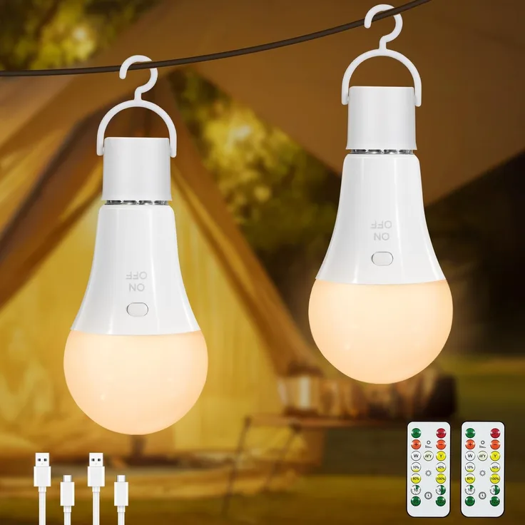 Dehobo Glühbirne Mit Batterie E27 Aufladbare Glühbirne Mit Fernbedienung - 7W Type-C Ladung Camping Lampe 3 Farben Dimmbare - Akku Lampe Mit Timing Funktion Mit Taste, Outdoor Lampe 2 Pack