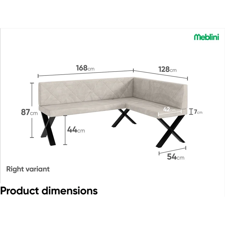 MEBLINI Eckbank für Esszimmer - Küchenbank - Essecke - Sitzecke Küche - ERIC - X-Beine 128x168x87cm Rechts - Beige Samt – Bild 7