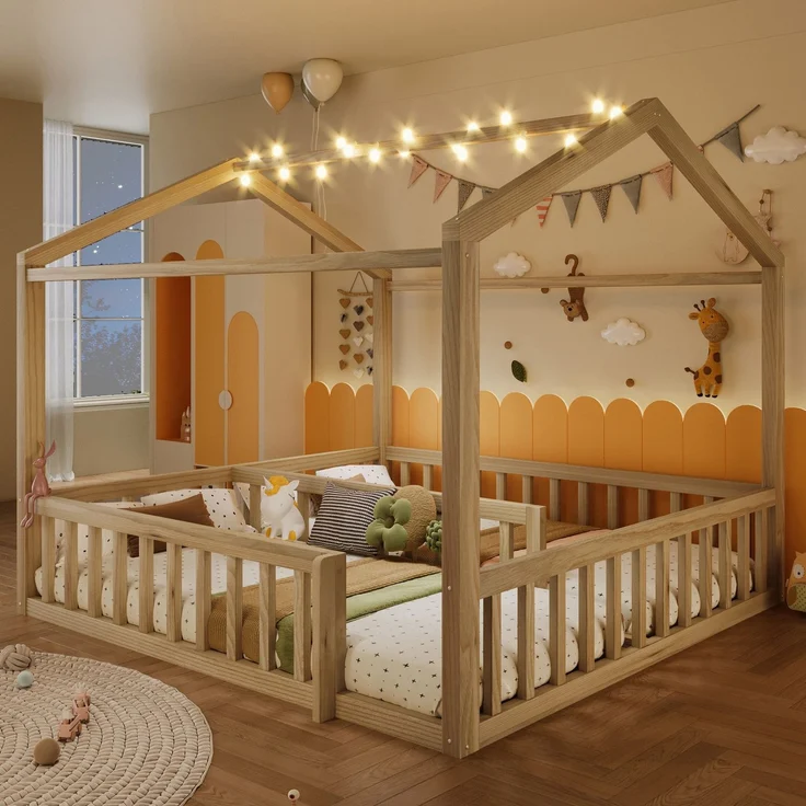 Hausbett mit LED Kugel-Lichterkette, 90x190cm*2/180x190cm, Kinderbett mit Rausfallschutz und Lattenrost, Kiefer – Bild 3