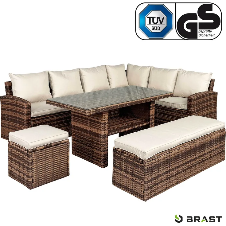 BRAST Gartenmöbel Set Eco Braun/Cappuccino bis zu 9 Personen inkl. extra Dicke Kissen Outdoor Loungemöbel Sitzgruppe Essgruppe Garnitur