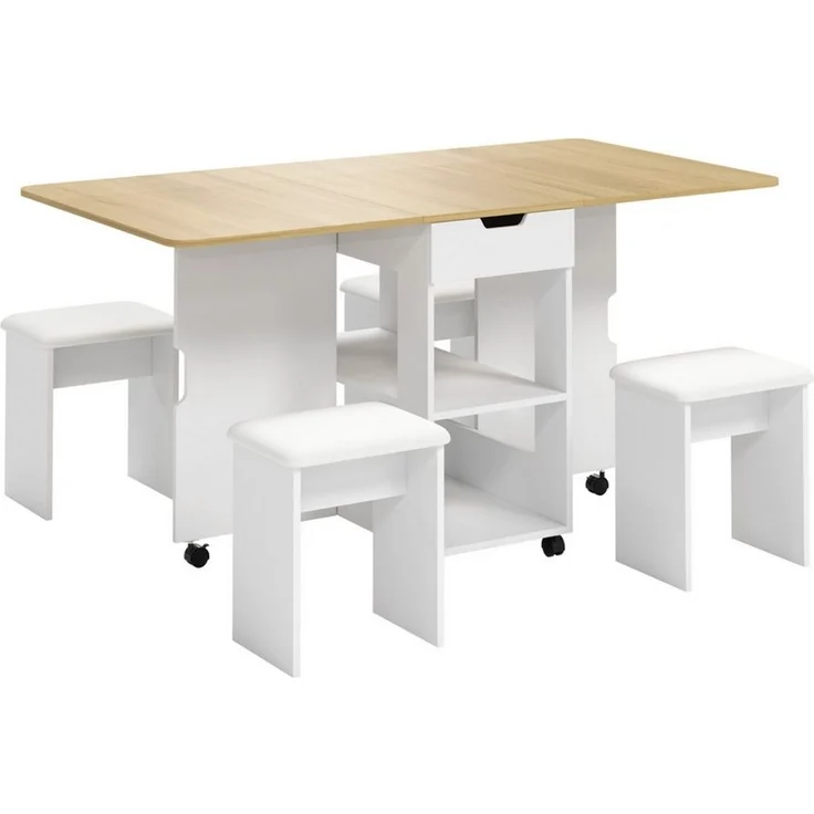 Mondeer Essgruppe Esstisch mit 4 Polsterhocker, Platzsparender Drop-Leaf-Tisch mit 2 Schubladen & Rollen – Bild 1