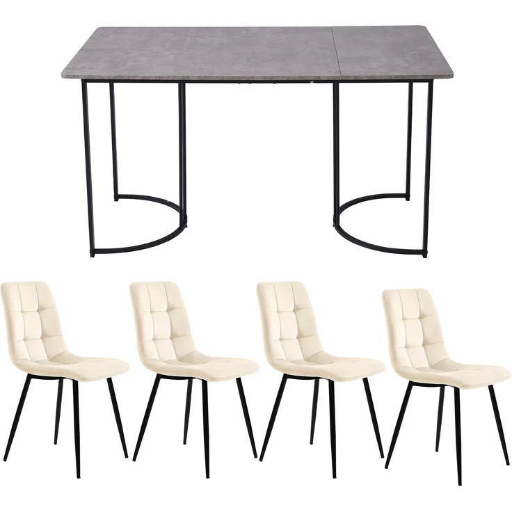 Essgruppe 5-tlg, Tisch marmorgrau/schwarz 140x80 cm, 4 Samtstühle beige – Bild 4