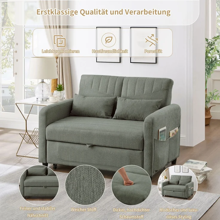 ZUBALIYA Sofa 166x95 cm, mit Ausziehbett, mit breiten Armlehnen, mit Schaumstoffpolsterung, ohne aufwendige Montage, Natur – Bild 5