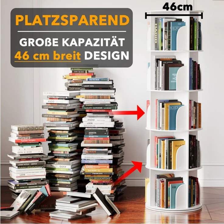 SpaceAid Bücherregal 360-Grad drehbares Bücherregal, 1-tlg, Standregal mit 5 Ebenen, weiß – Bild 2