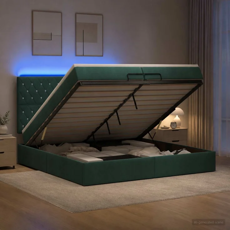 vidaXL Ottoman-Bett mit Matratze und LED Dunkelgrün 200 x 200 cm Samt 3458256 – Bild 4