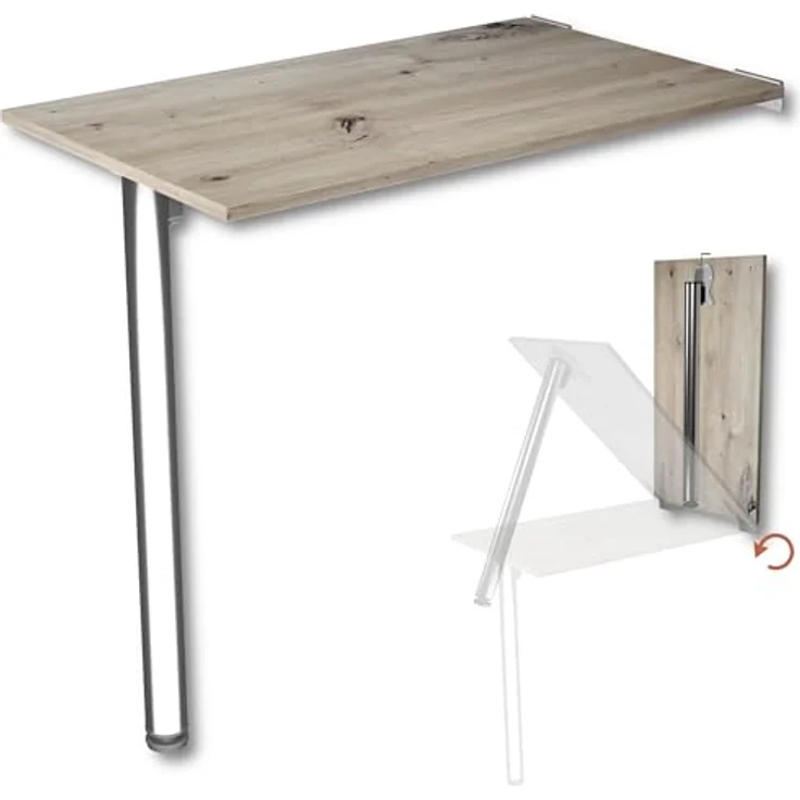KDR Produktgestaltung Wandklapptisch Schreibtisch Tischplatte 80x50 cm in Eiche astig Klapptisch Esstisch Küchentisch für die Wand Höhe Tisch 74 cm zur Wandmontage mit Tischbein klappbar – Bild 2