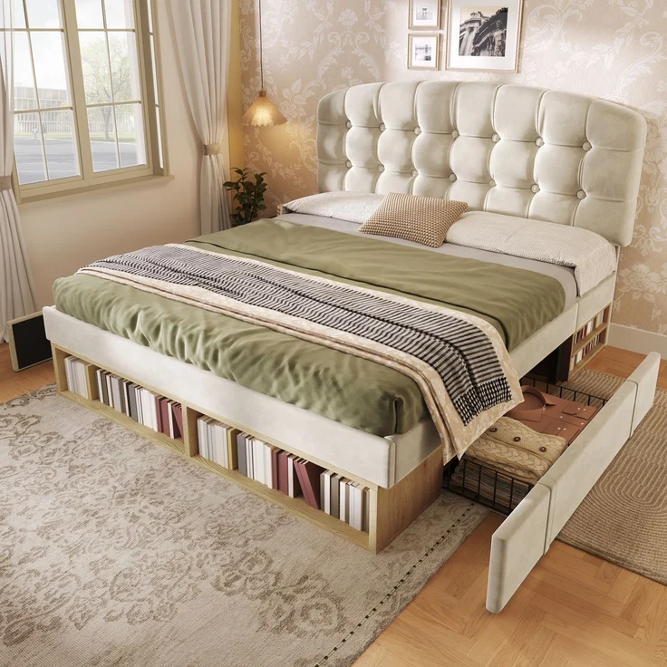 Merax Doppelbett 140x190 cm, Polsterbett mit Lattenrost, Bettgestell mit gebogenem höhenverstellbarem Kopfteil, Bett mit Schubladen und Stauraum, Samt, Beige – Bild 2