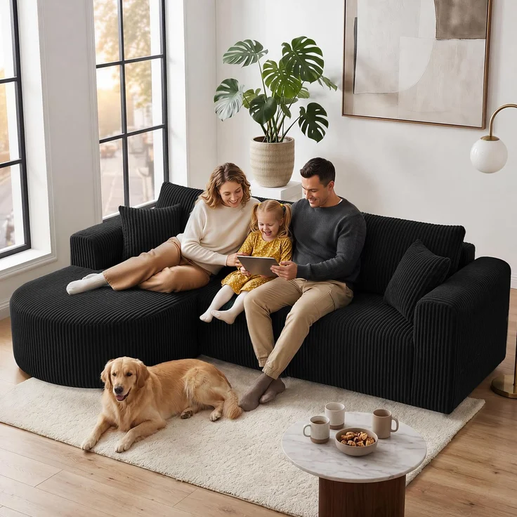 COMHOMA Ecksofa mit Schlaffunktion, 263cm Corduroy Modulares Boneless Couch mit Chaiselongue, L-Form Schlafsofa, Sektionssofas mit Kissen & Seitentaschen,Sofa für Wohnzimmer, Keine Montage, Schwarz – Bild 2