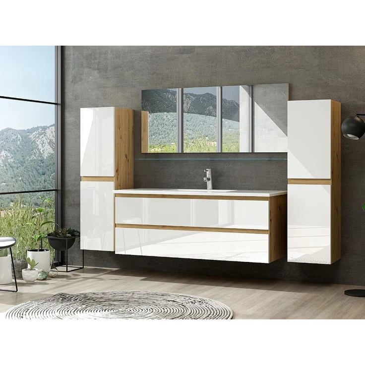 Homeline Badmöbel Set Hochglanz mit Schubladen Glas ablage (Leo Eiche Weiß, 120 cm Einzelbecken ohne Hochschrank) – Bild 1
