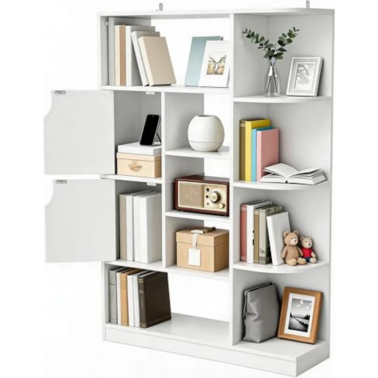 YITAHOME Freistehendes Bücherregal mit 9 offenen Regalböden und 2 Türen (Stoffbezug) für Wohnzimmer, Schlafzimmer, Büro, Weiß, 80 × 24 × 120 cm (B × T × H) – Bild 8