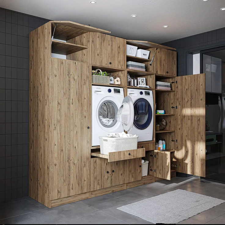 Roomart Schrankwand für Waschküche & Hauswirtschaftsraum - SERIE 1 - 254 cm breit – Waschmaschinen-Umbau & Stauraumschrank mit Ausziehbrett • Eiche – Bild 2