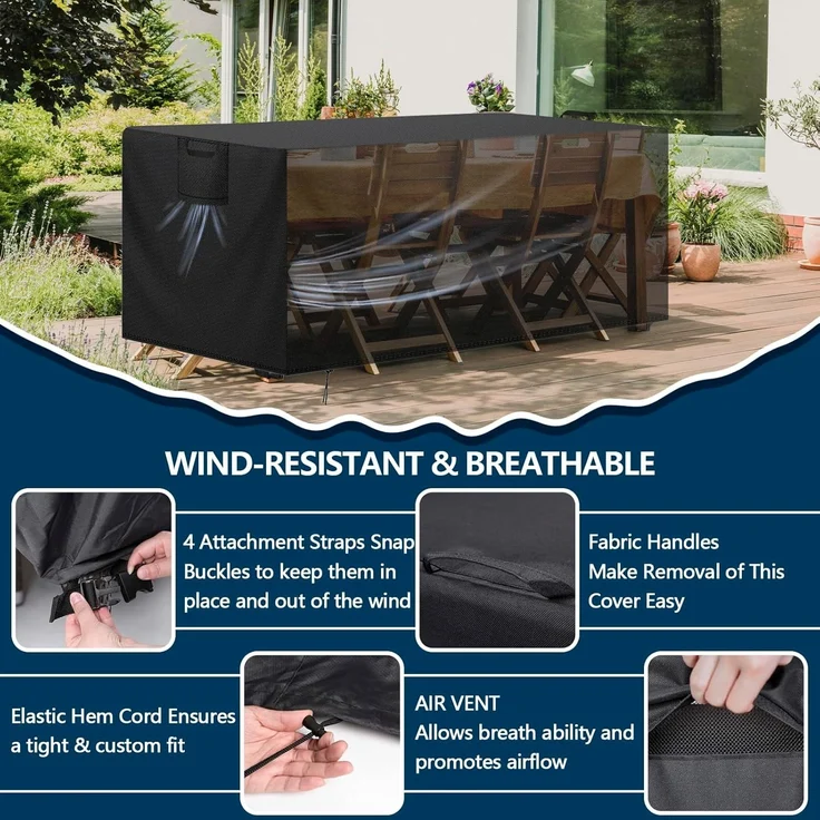 Aujink Abdeckung Gartenmöbel Winterfest, Wasserdichte Schutzhülle Gartenmöbel 420D Oxford Anti-UV Abdeckplane für Gartentische Terrassenmöbel Regenschutz und Staubfest Abdeckhaube Schwarz 250 x 210 x 90 cm – Bild 3