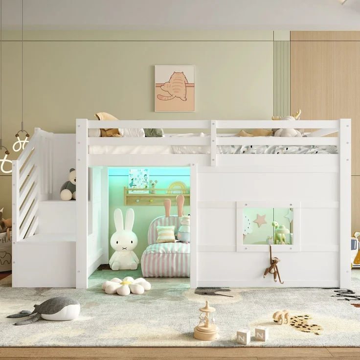 Hochbett mit Lattenrost und LED-Beleuchtung, 90x200 cm, Treppe mit Regal, Kinderbett mit Rausfallschutz, Spielbett, Kiefer – Bild 3
