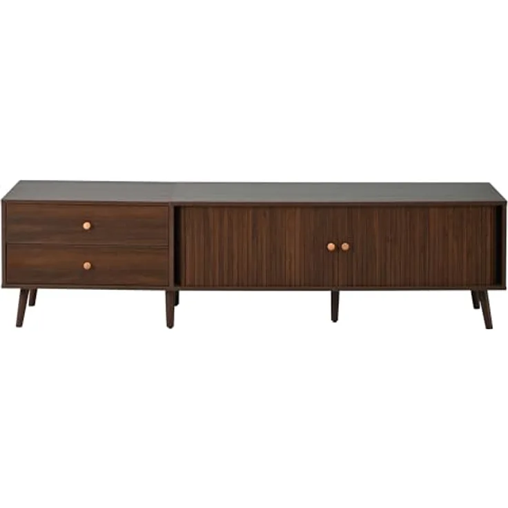 Skandinavischer Fernsehschrank mit 2 Schubladen, Offene Fächer und stabilen Beinen, Wohnzimmer-Medienkonsole in Walnussoptik-180 x 40 x 46,5 cm