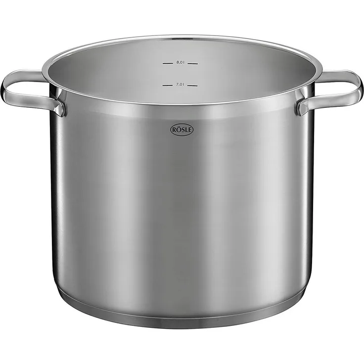RÖSLE ELEGANCE Gemüse/Partytopf, Hochwertiger Edelstahltopf zum Kochen großer Mengen, 8 Liter, Edelstahl 18/10, Innenskalierung, Induktionsgeeignet, Spülmaschinengeeignet, 33x25. 5x28 cm
