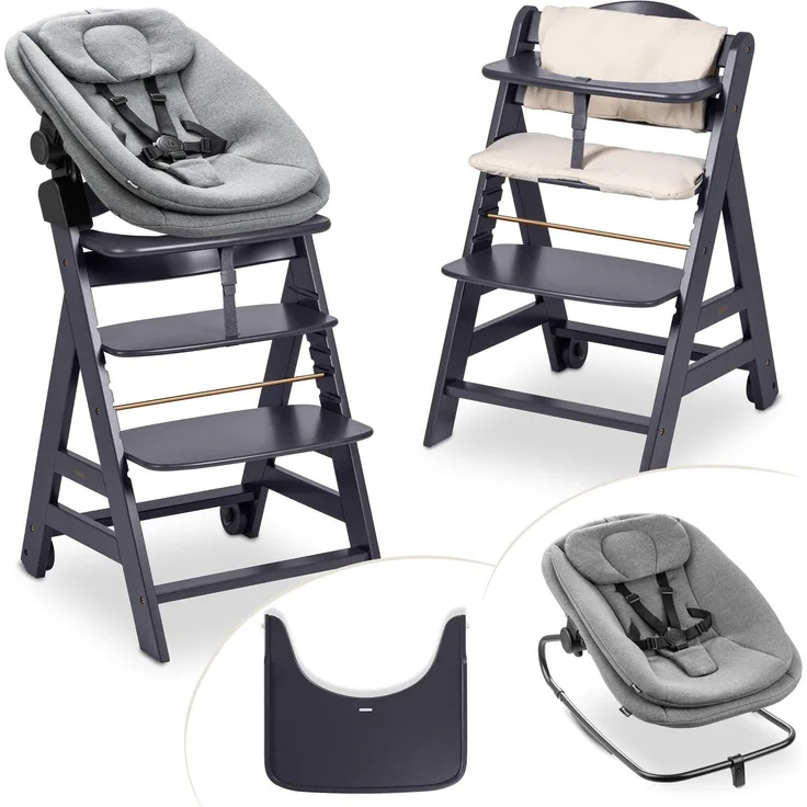 hauck Beta+ Hochstuhl Newborn Set mit Highchair Bouncer - Dark Grey | Mitwachsender Holz Kinderhochstuhl mit Rollen ab Geburt bis 90 kg | inkl. Neugeborenenaufsatz, Essbrett & Sitzkissen