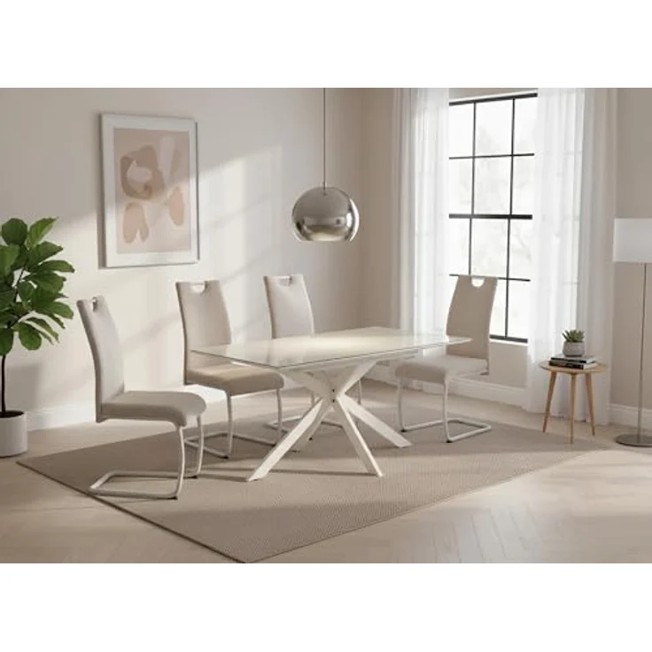 Hela Tische, Auszugstisch Esstisch Fenja, Glasauflage Keramikoptik beige, Schweizer Kante,Stern-Metall-Gestell Cremé mit Arretierung, Maß 140-180x90cm – Bild 10