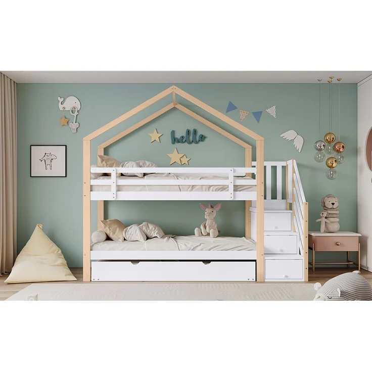 Merax Etagenbett, Ausziehbares Baumhausbett, Schiebebett, Treppe mit 4 Schubladen, Kinderbett mit Absturzsicherung und Kinderbettgitter, mit Lattenroste, Natur+Weiß (90x200cm&90x190cm) – Bild 8