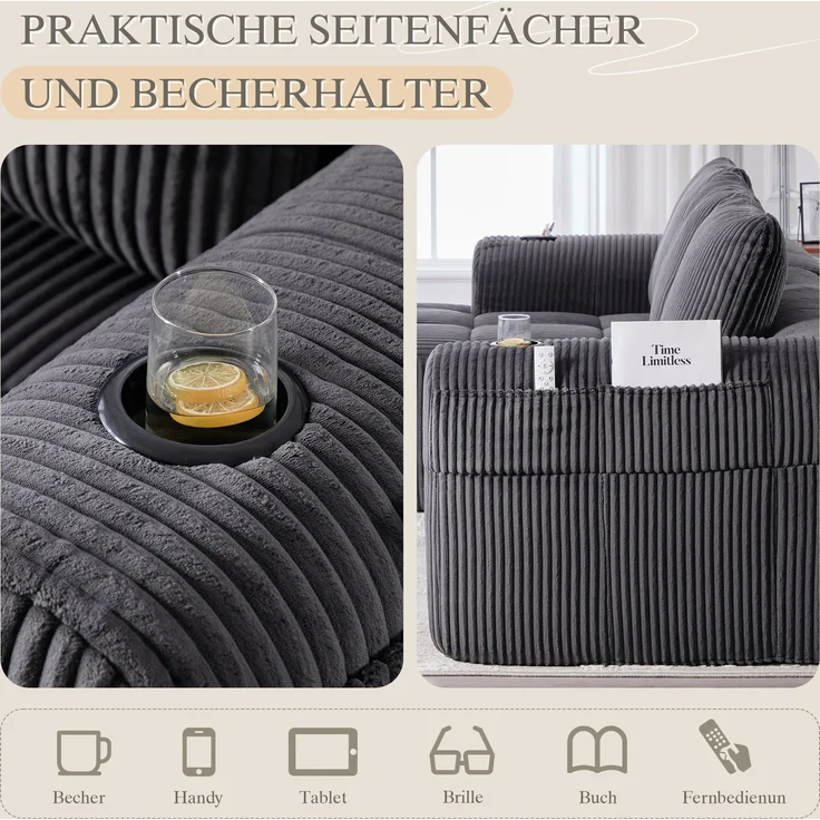 LVHOM Ecksofa 3 sitzer, Bodensofa mit Seitentaschen und Getränkehalter, Polstersofa aus Cordstoff, frei Kombination, Modulares Chaiselongue-Sofa-Set, 253x158x61 cm – Bild 4