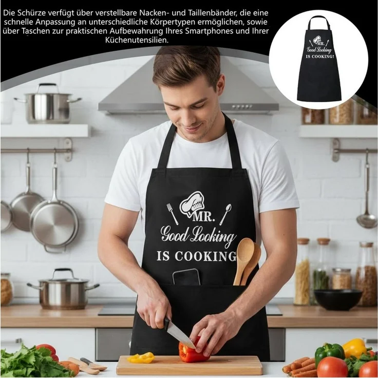 FOUORTUNATE-BEE Kochschürze Schwarze Kochschürze Herren Grillschürze Papa Küchenschürze, Grillschürze für BBQ, Küche, Vatertag und Gartenparty Geschenk – Bild 3