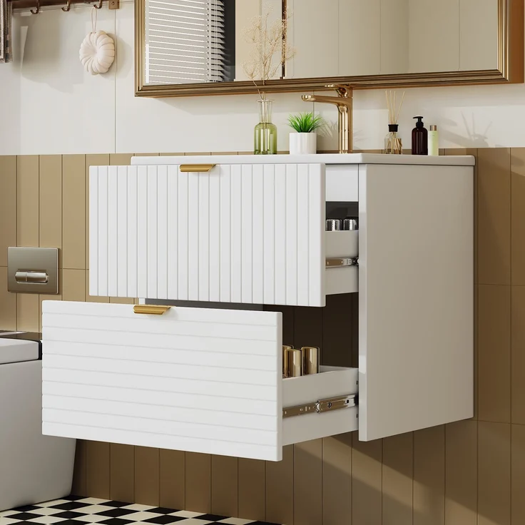 61*46*57cm Wandhängender Waschtisch, MDF volllackiert, zwei geräuschlose Schubladen, horizontal und vertikal strukturierte Schubladenfronten, integriertes Waschbecken, Weiß – Bild 2