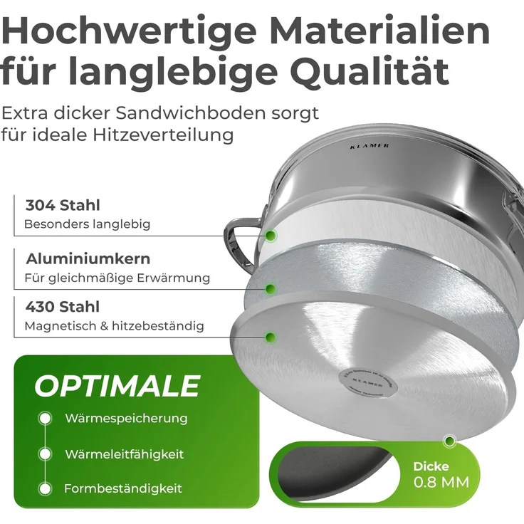 KLAMER Servierpfanne mit Deckel 28cm Induktion, antihaftbeschichteter Edelstahl Schmortopf…, Energiesparend, Güteglasdeckel, tropffrei abgießen – Bild 5