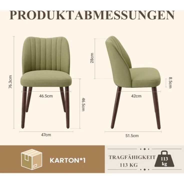 MALOL Esszimmerstühle 2er Set, Polsterstühl mit Rückenlehne, Ergonomisch Gepolsterte Küchenstühle mit vertikaler Rillenlehne, Moderne Esszimmer Stühle für Esstisch Wohnzimmer Café Restaurant, Grün – Bild 2