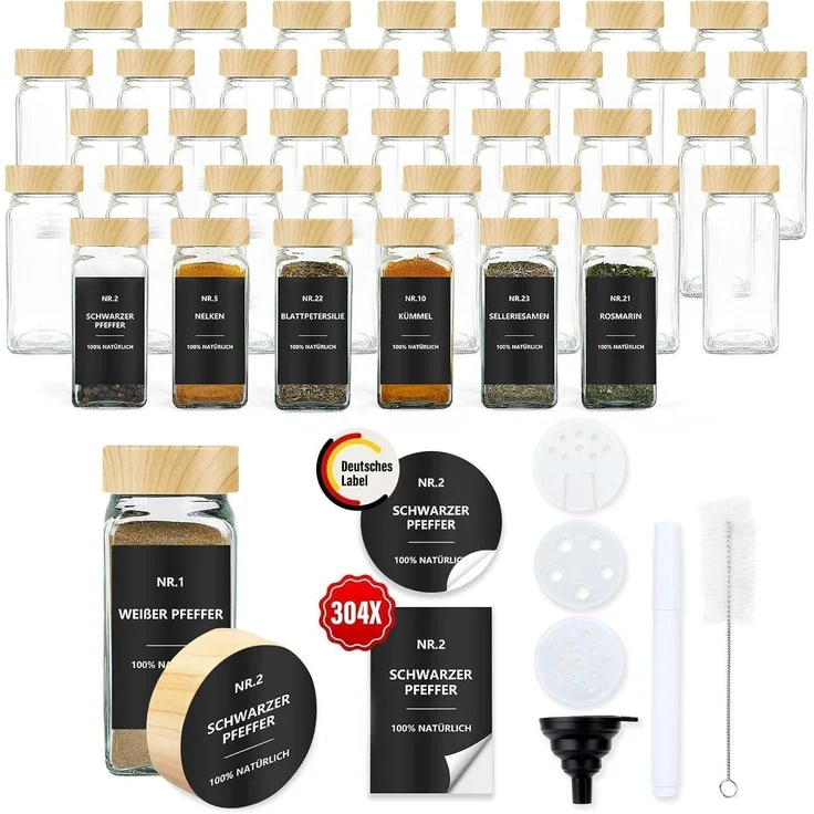 Gewürzgläser eckig Set 36er 120ml Streueinsatz Holzmaserung 36er set – Bild 1