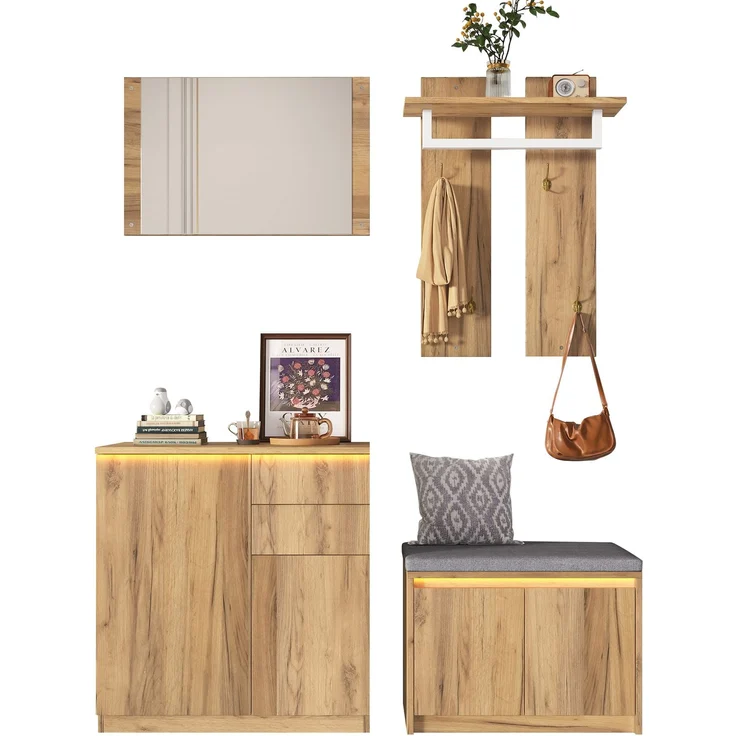 Garderoben-Set 130x35x124,5 cm in Natur, mit Spiegel, Schuhbank und LED – Bild 7