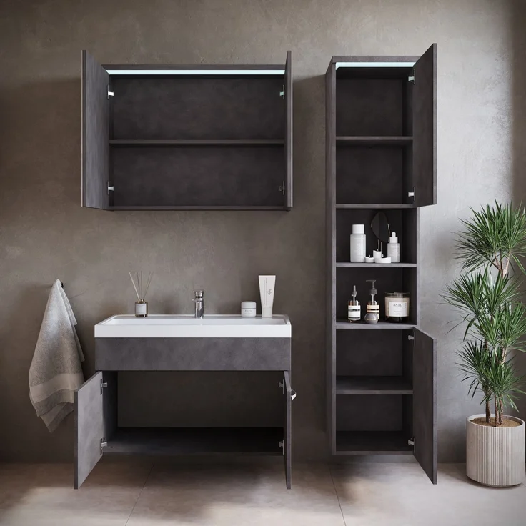Badplaats Badezimmermöbel Set Paso 80 x 40 cm – Dunkelgrau – Waschtischunterschrank mit Spiegelschrank und Seitenschrank – Bild 4