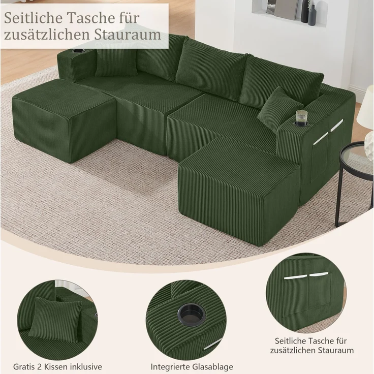 DESVIAE Sofa modular mit 2 Ottomanen und Getränkehaltern aus Schaumstoff mit Cordbezug Grün, 138 x 230 x 75 cm – Bild 4