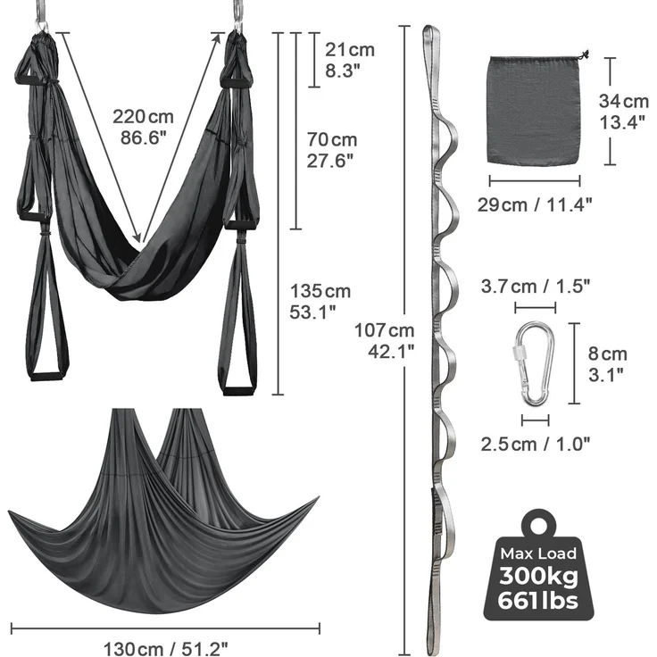 Leogreen Yoga-Hängematten-Set, Yoga-Schaukel, Umkehr-Hängematte, Nylon, Taffetas, Kapazität 300 kg (Dunkelgrau) – Bild 7