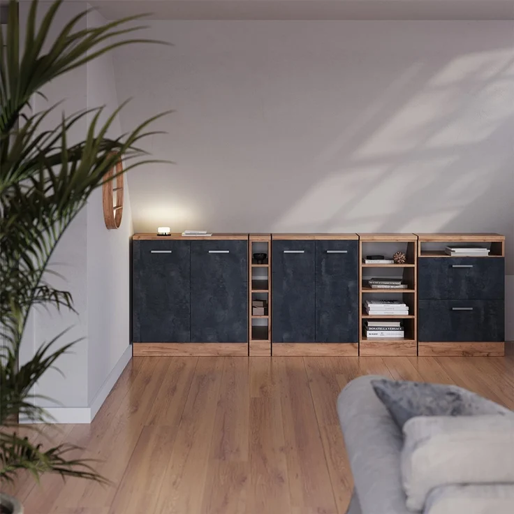 Küchenschrank für Dachschrägen R-Line Schwarz Beton 140 cm 2er Set Schrankkorpuss 60 cm Tiefe Vicco – Bild 4