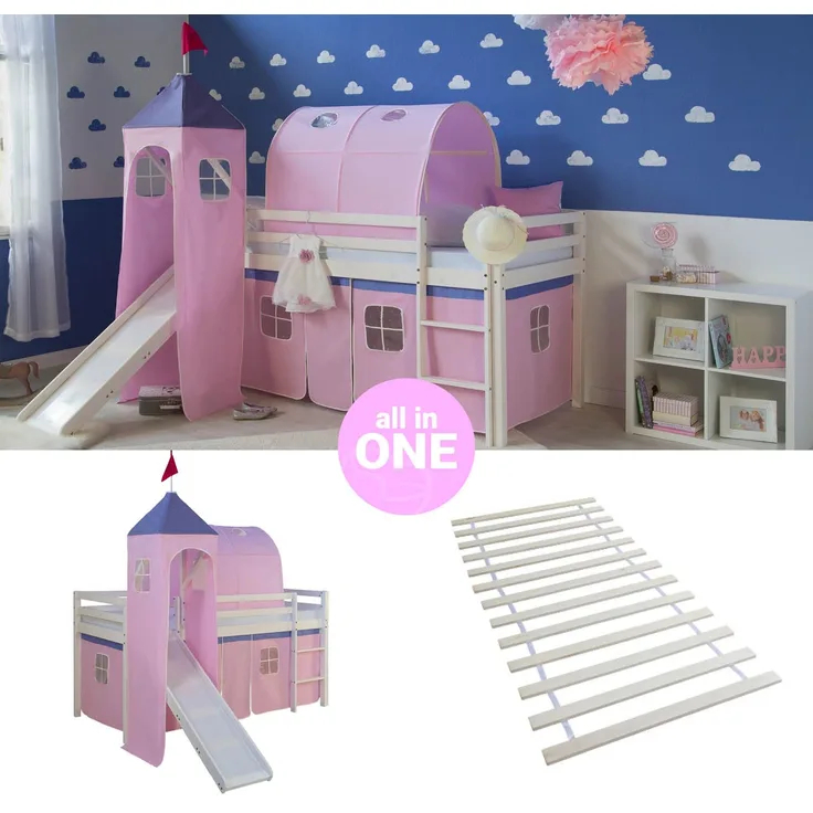 Hochbett mit Lattenrost 90x200 Turm Tunnel Rutsche Stockbett Kinderbett Holz Kiefer Vorhang rosa