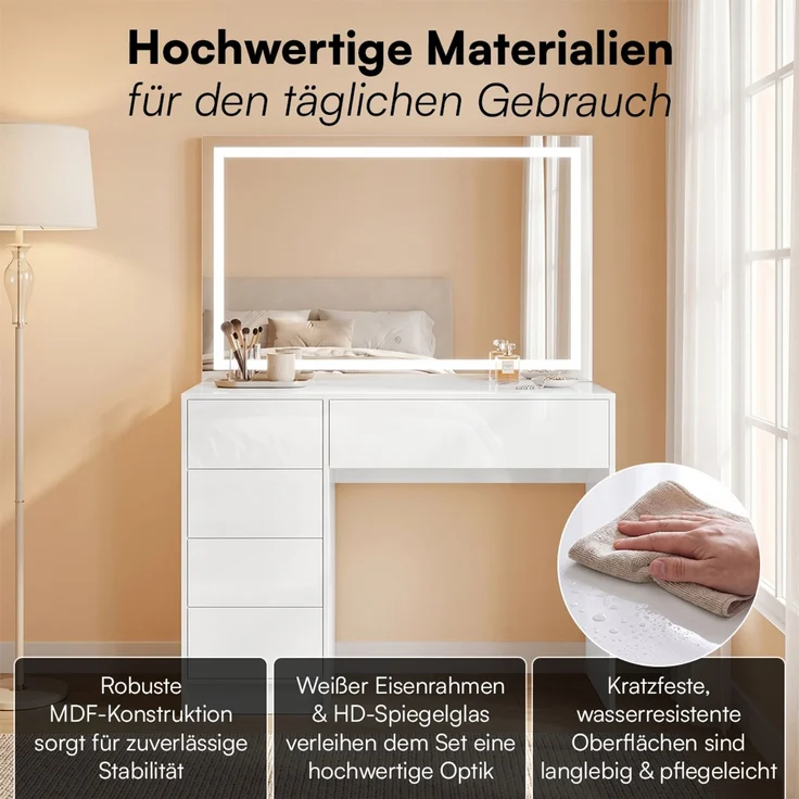 Bellamio 'Livny' Set aus Schminktisch mit Spiegel und Wolkenstuhl, LED-Beleuchtung, mit 5 Schubladen, beidseitig montierbar, weiß Hochglanz, 80x53x110 cm, LED-Beleuchtung mit mit 3 einstellbaren Lichtfarben – Bild 8