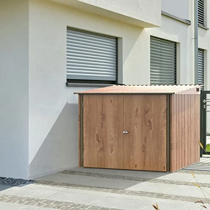 Duramax Fahrradschuppen für 4, Fahrradgarage mit 4x verstellbaren Fahrradschienen & breiten abschließbaren Doppeltüren, Gartenschuppen aus Metall für Fahrräder, Fahrradlager, Holzmaserung – Bild 2