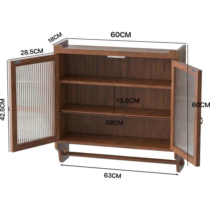 DESVIAE Vitrine zur Wandmontage mit Glastüren, 63x60x18 cm, Massivholz, MDF und Glas, Braun – Bild 10