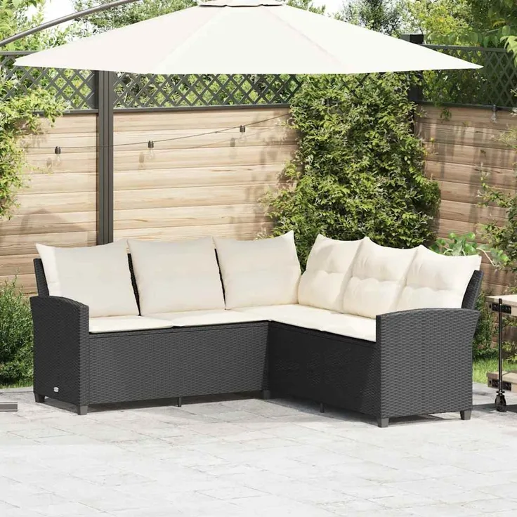 vidaXL L-förmiges Couchsofa mit Kissen Schwarzes Polyrattan 365415