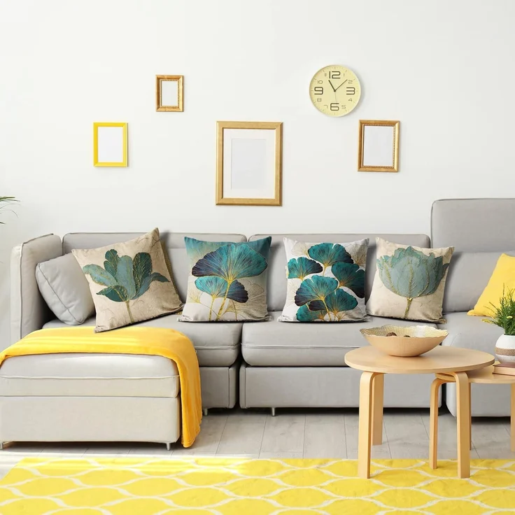 Kissenbezüge 45×45 cm 4er-Set Türkis-Gold Blatt Floral, Outdoor Patio Couch Kissen – Bild 5