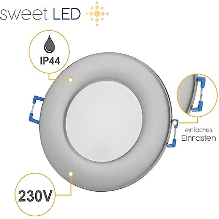 Sweet LED LED Einbaustrahler 5er Set flach IP44 für Bad & Küche 6,5W 230V, LED fest integriert, 3000K - warmweiß, Deckenspots, Deckenstrahler, Einbauleuchten – Bild 6