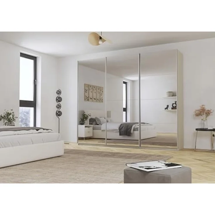 Rauch Möbel Kulmbach, Kleiderschrank mit Schwebetüren für Schlafzimmer, Kinderzimmer, Jugendzimmer, Garderobe, Flur, 3-türig, mit Spiegel, Zubehör Classic, Farbe Beige, Breite 271 cm – Bild 2