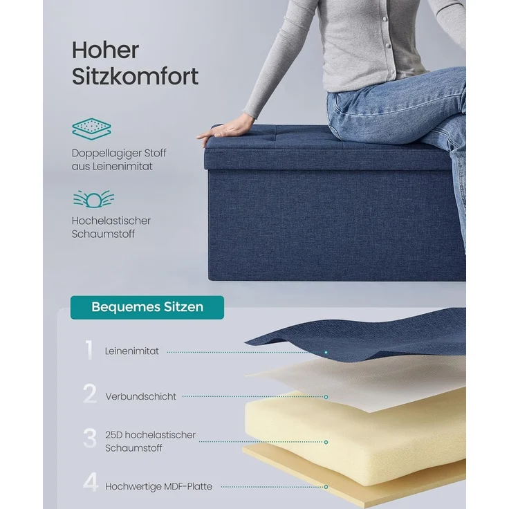Sitzbank mit Stauraum, 76 cm, klappbare Sitztruhe, Aufbewahrungsbox, Fußbank, Dunkelblau – Bild 5