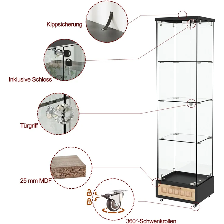 Moderne Glasvitrine mit Schubladen,Vitrine mit LED-Beleuchtung,Bücherregal aus gehärtetem Glas,Eintüriger Schrank mit vier EinlegebödenGeeignet für Wohn- und Schlafzimmer, schwarz-H167/B42.5/T36.5 cm--Schwarz--42.5x36.5x167cm--YOUDENOVA – Bild 8