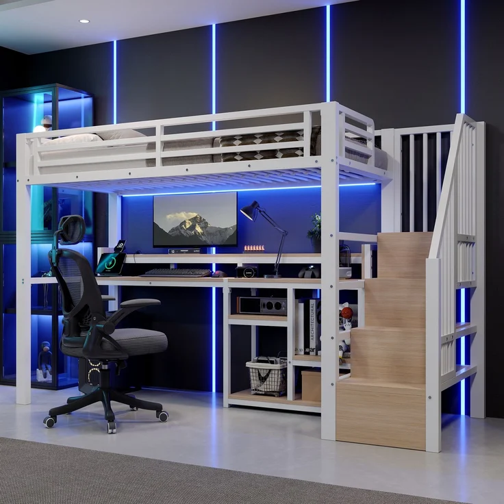 EINHOM Hochbett, 90 x 200 cm, Metallbettgestell, Leiterschrank, Ablagefach, USB + Typ-C, LED-Lichtleiste, Weiß (Ohne Matratze) – Bild 3