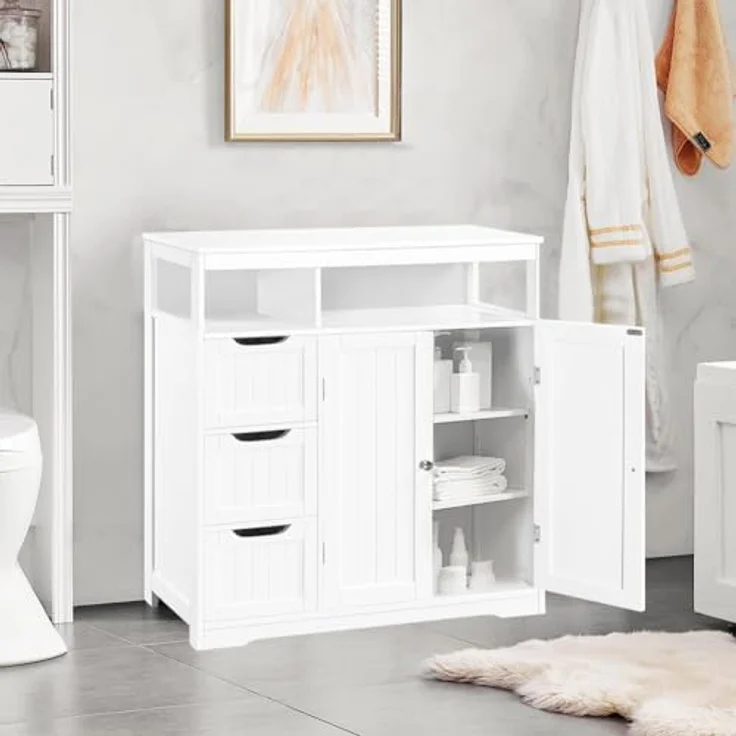 Shally Dogan Badezimmerschrank aus weißem Holz mit 3 Schubladen, 2 Türen und 2 Regalen, platzsparend, Mehrzweck-Bodenschrank, freistehender Schrank für Wohnzimmer, Küche, Büro, Schrank 80,5 x 30 x – Bild 3
