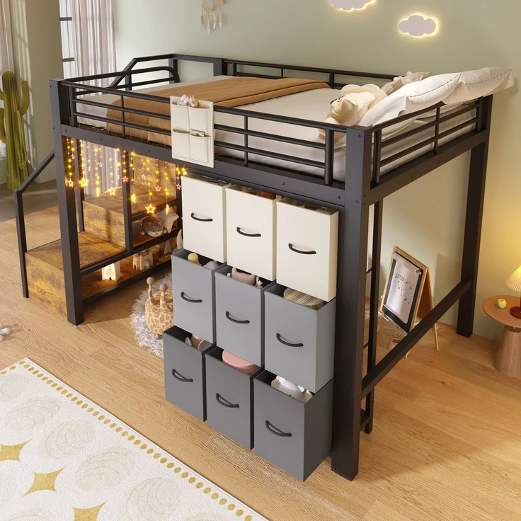 EINHOM Hochbett, 140 x 200 cm, Metall, mit Schubladen, Kleiderstange, Geländer, Treppe mit Stauraum,Schwarz (Ohne Matratze) – Bild 5