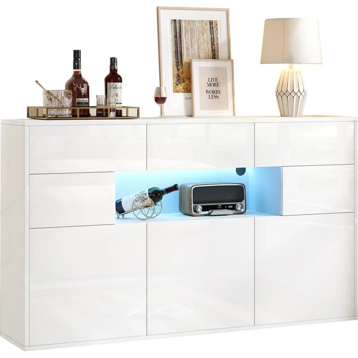 Merax 140*30*82cm Wohnzimmer-Sideboard, mit 3 Schubladen und 5 Schränken,Hochglanz-Kommode Mit LED-Lichtleiste,Schrank 140cm breit,MDF, weiß – Bild 10
