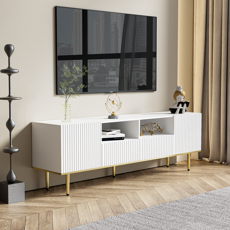 TV-Schrank 165 cm Weiß mit Gold, Lowboard Sideboard Wohnzimmerschrank, 2 Schubladen, 2 offene Fächer – Bild 3