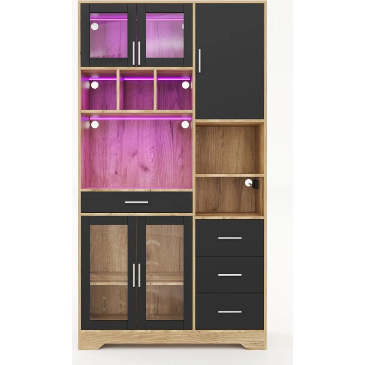 Buffetschrank 100 x 40 x 185 cm, Küchenschrank aus MDF mit LED-Beleuchtung, Steckdose und Glastüren – Bild 8
